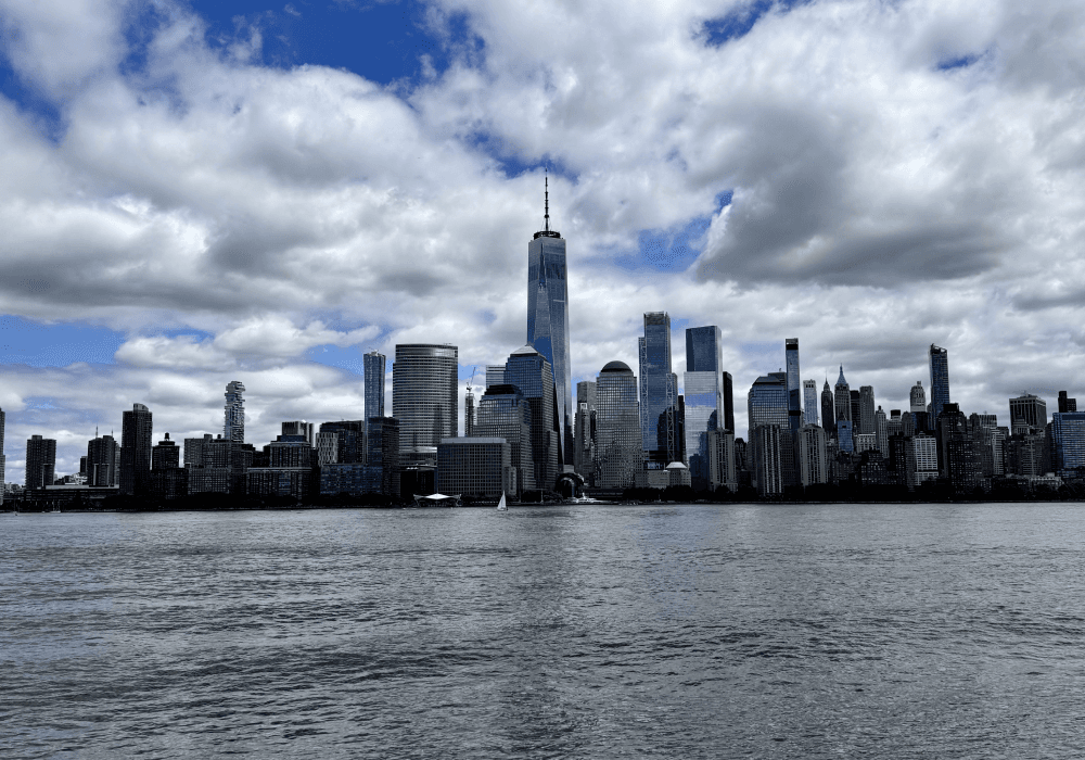 Lower Manhattan skyline seen from across the water.